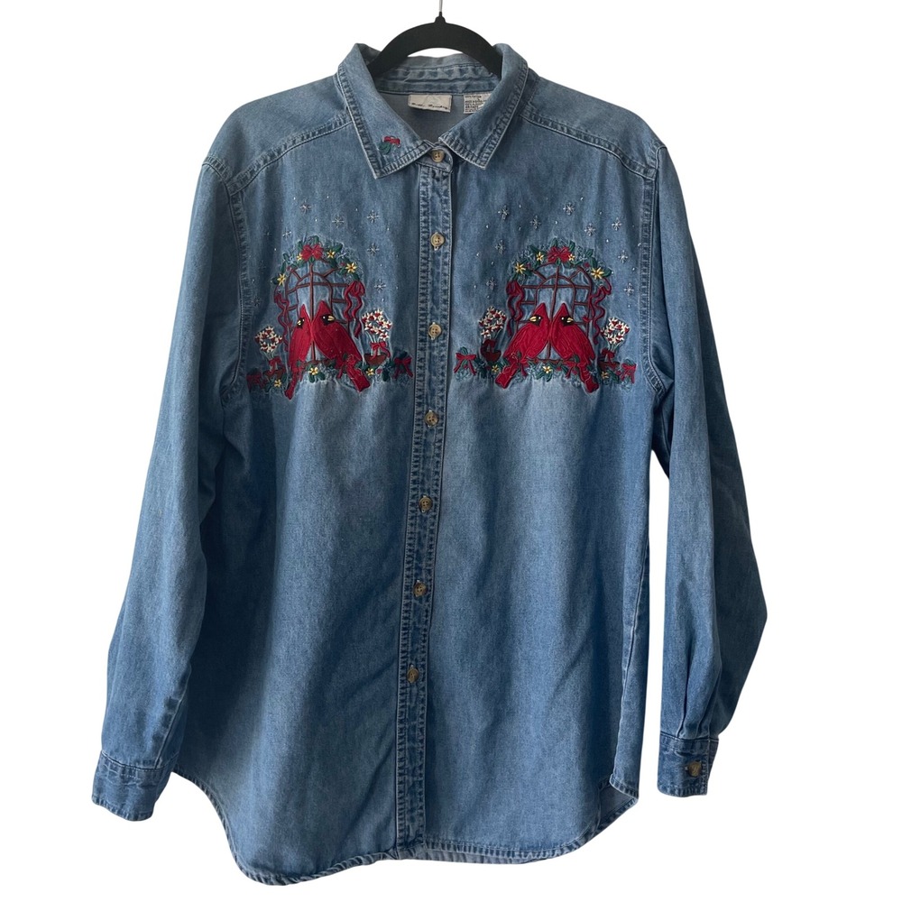 Bobbie Brooks Denim Women's Cardinal Christmas Embroidered Long Sleeve Button Up
